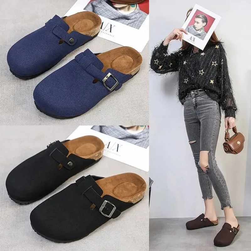 Fashion Women's Suede Mules Slippers Men Clogs Cork Insole Sandals With Arch Support Outdoor Beach Slides Home Shoes