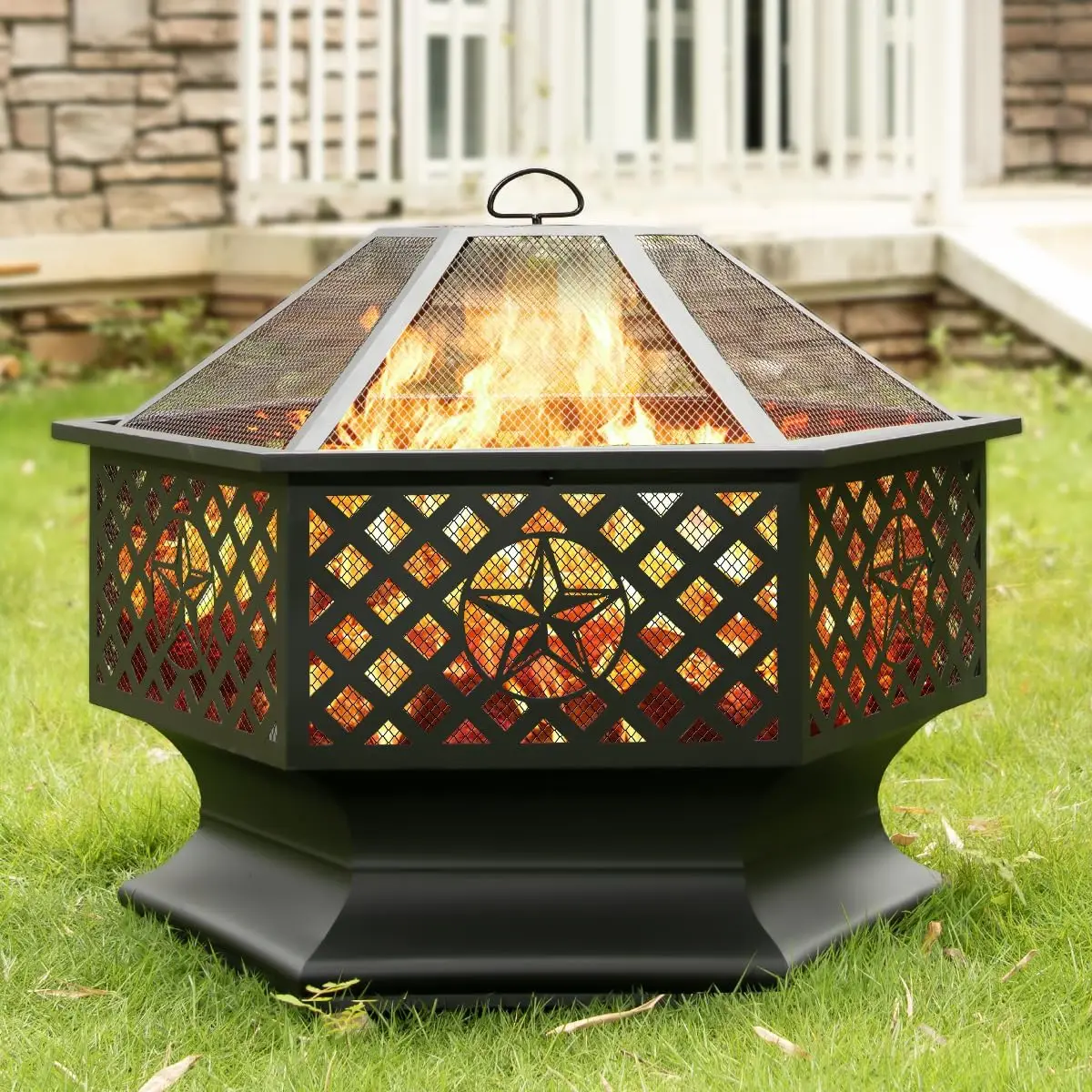

33 Inch Outdoor Fire Pit, Hexagon Shaped Wood Burning Fire pits for Outside, Metal Firepit with Fire Poker&Mesh Cover fo