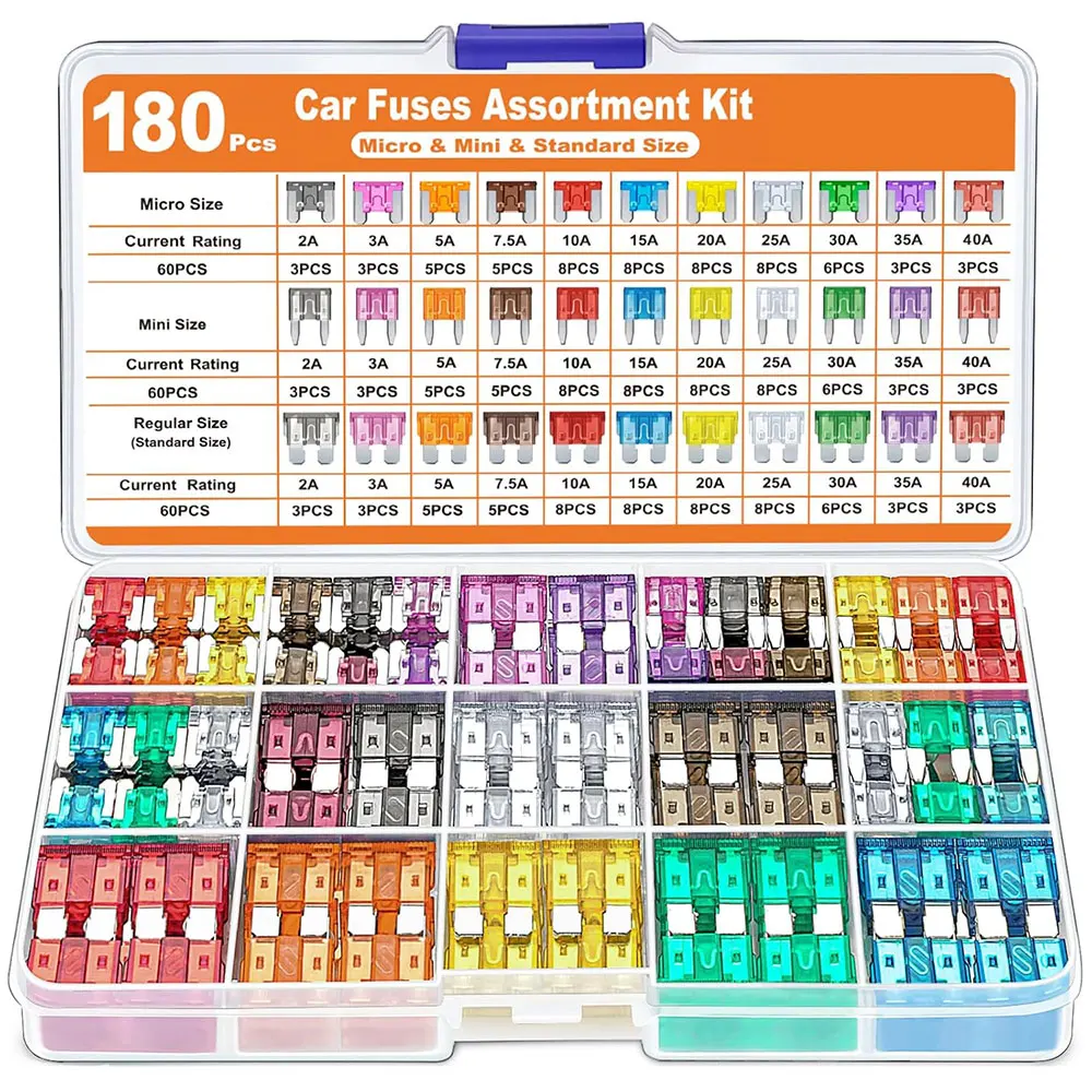 

180 pieces of car fuse kit, 60 mini car fuses+60 standard combination car fuses+60 micro fuse sets+1 puller -2A- 40A