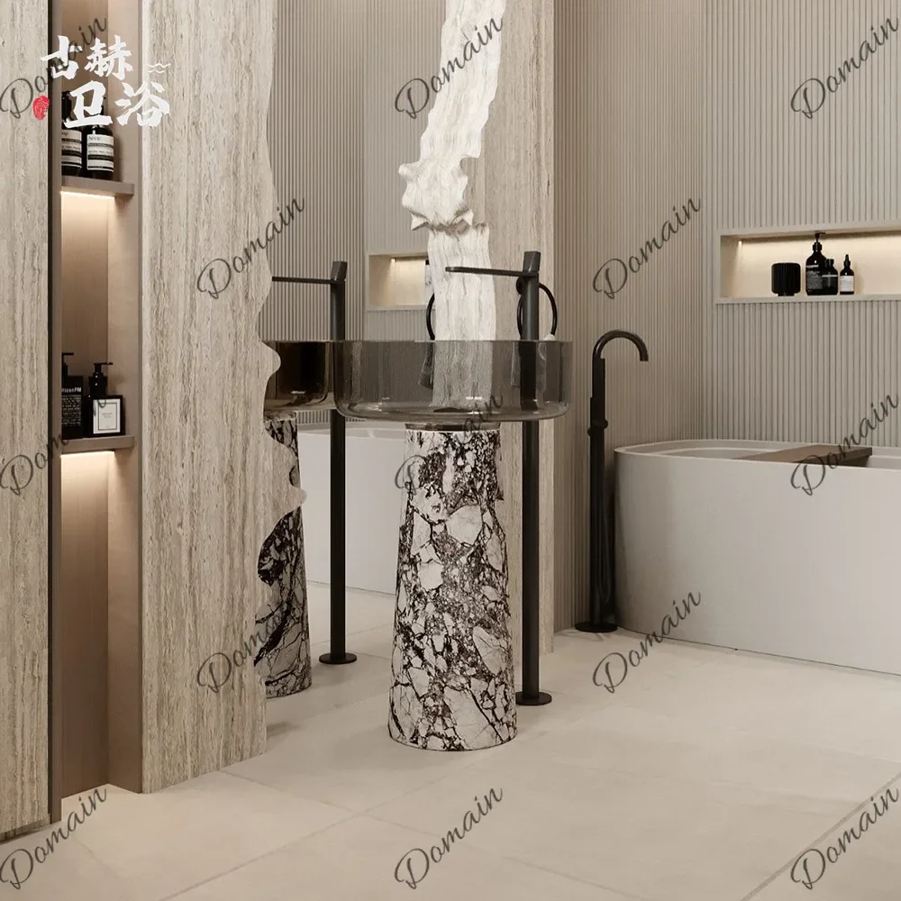 BJ Bathroom Vanity Marble Brown Transparent Floor Standing Basin Pedestal Sink Small Apartment Hotel