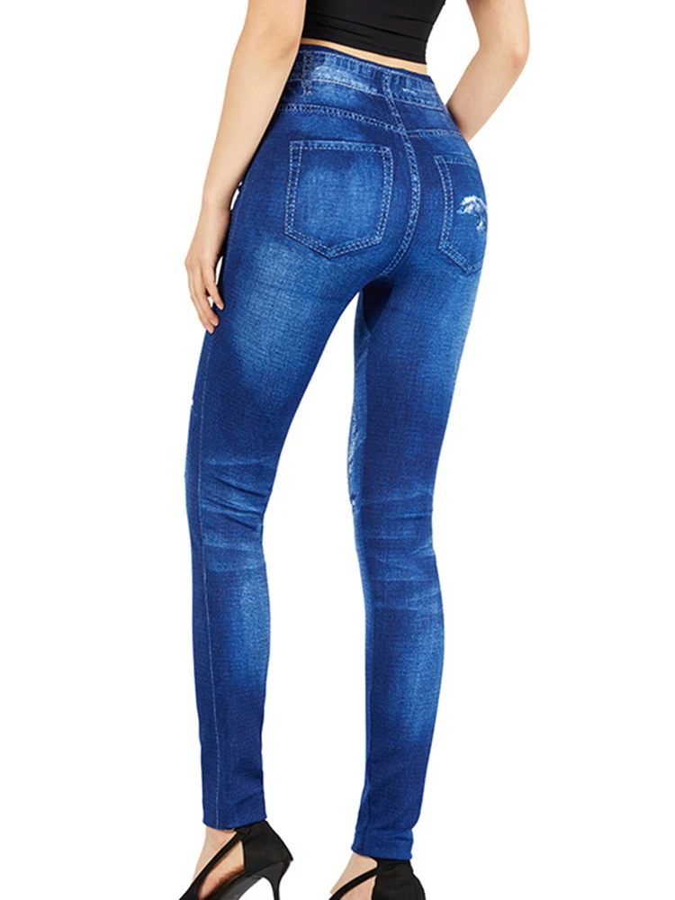 Ołówek z nadrukiem spodnie bezszwowe spodnie Skinny fit sztuczny Jeans jeansy damskie legginsy z wysokim stanem kontroli brzucha Slim Fitness Leggins