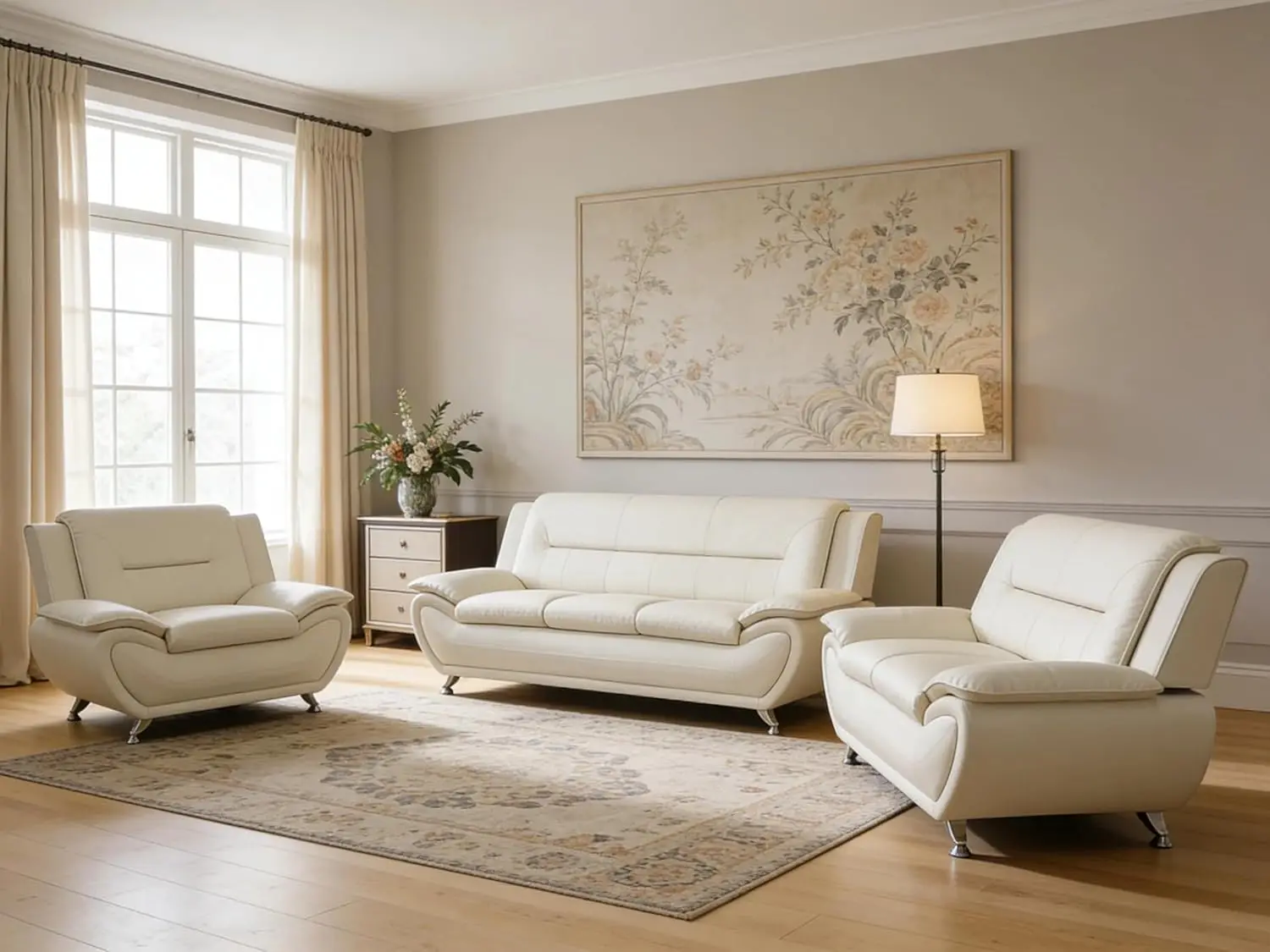 

3-Piece Living Room Furniture, Modern White Faux Leather Sofa Set with Sturdy Metal Legs, (3-Seat Sofa + Loveseat + Armchair)