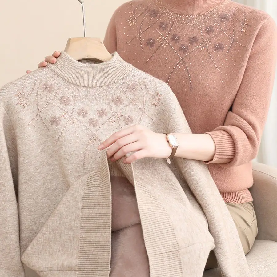 

Mother Winter Sweater New Thick Imitation Mink Velvet Sweater Elegant Embroidery Women Pullover Loose Warm Knitted Jumper M129