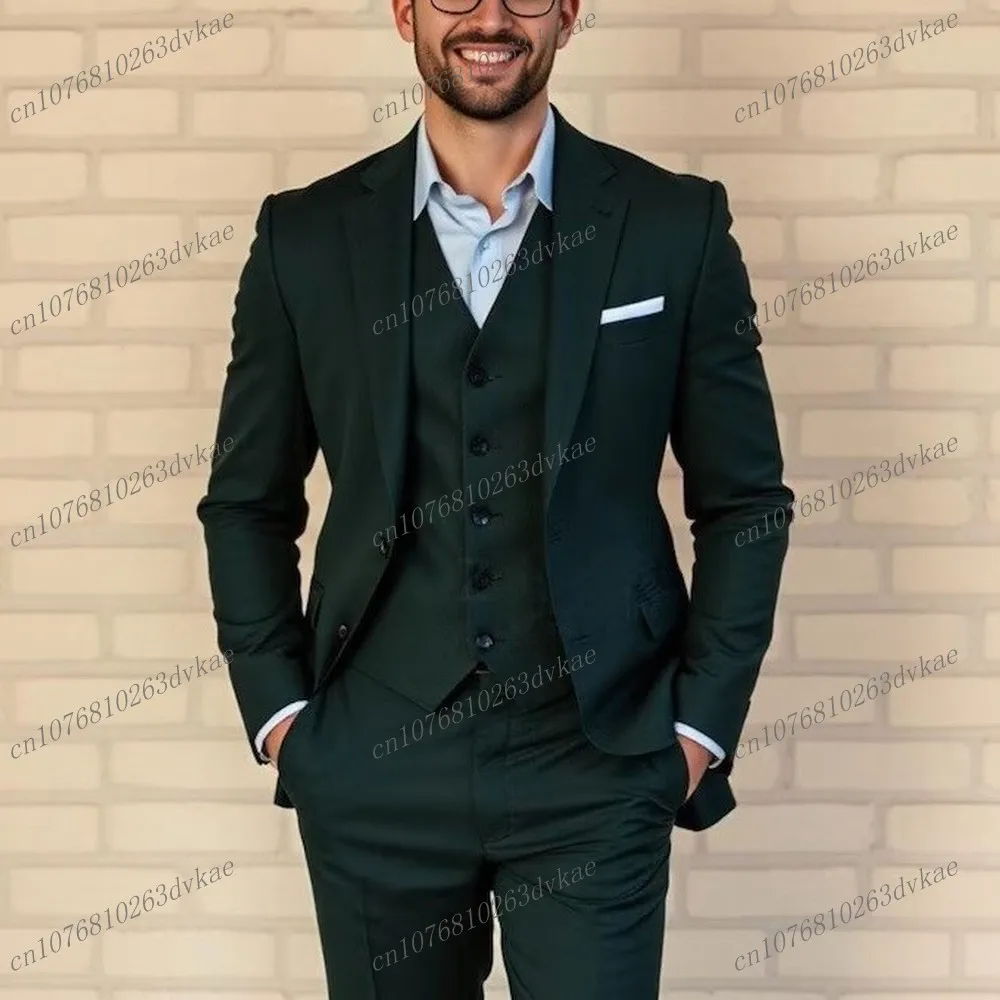 

Male Dark Green Business Suit Groom Groomsman Wedding Party Prom Formal Occasion Men Tuxedos 3 Piece Set Blazer Vest Pants