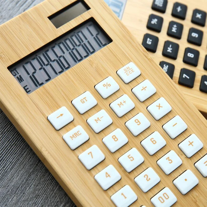 Bamboo Office Calculator 12 Digit LCD Display School Special Gift Calculate Commercial Tool Battery Solar Powered