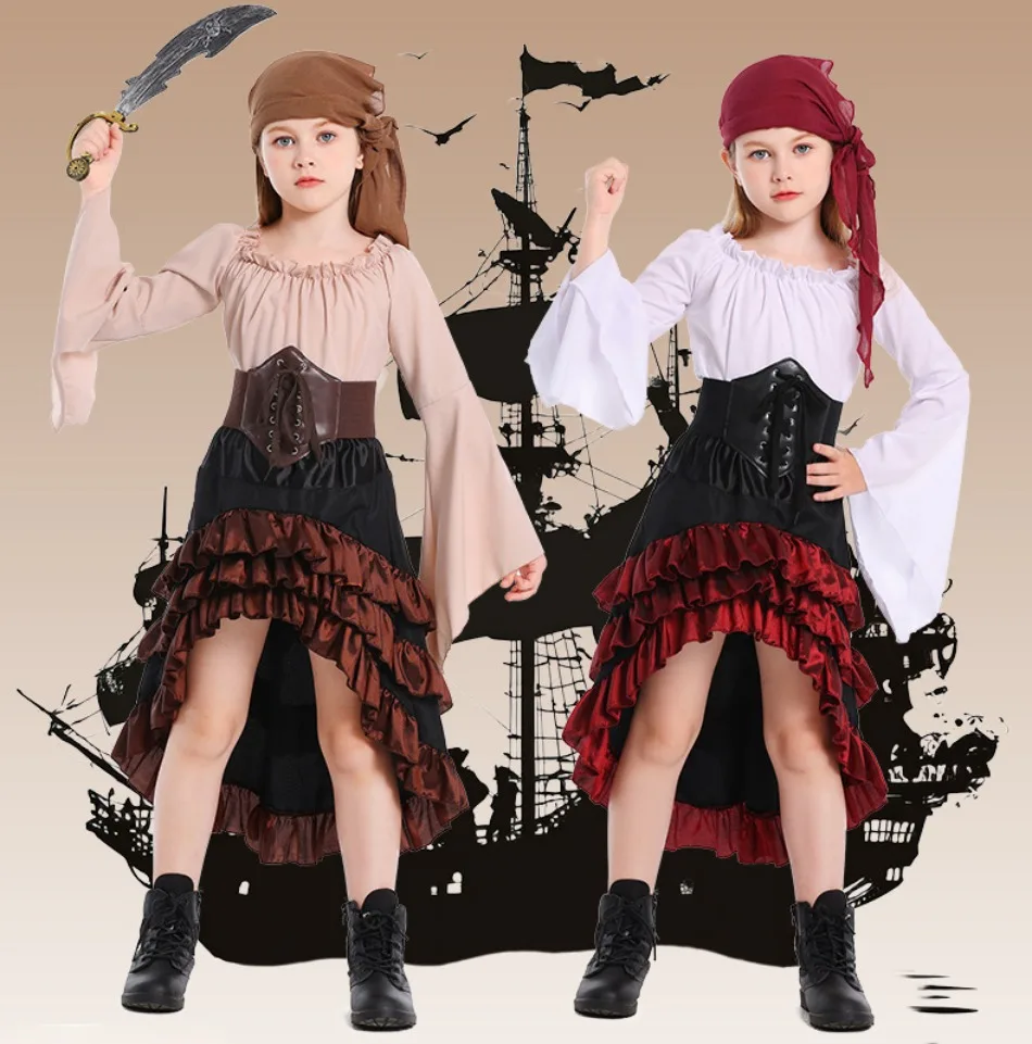 Gilrs European Halloween Retro Dress Front Short and Back Longirregular Ruffle Edge High Waist Parent-child Pirate Cos Dress