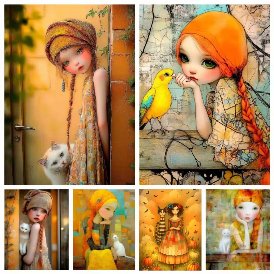 DIY Without Frame Digital Oil Painting Abstract Girl and Cat Home Decoration Painting Wall Bedroom Room Decor Best Friend Gift