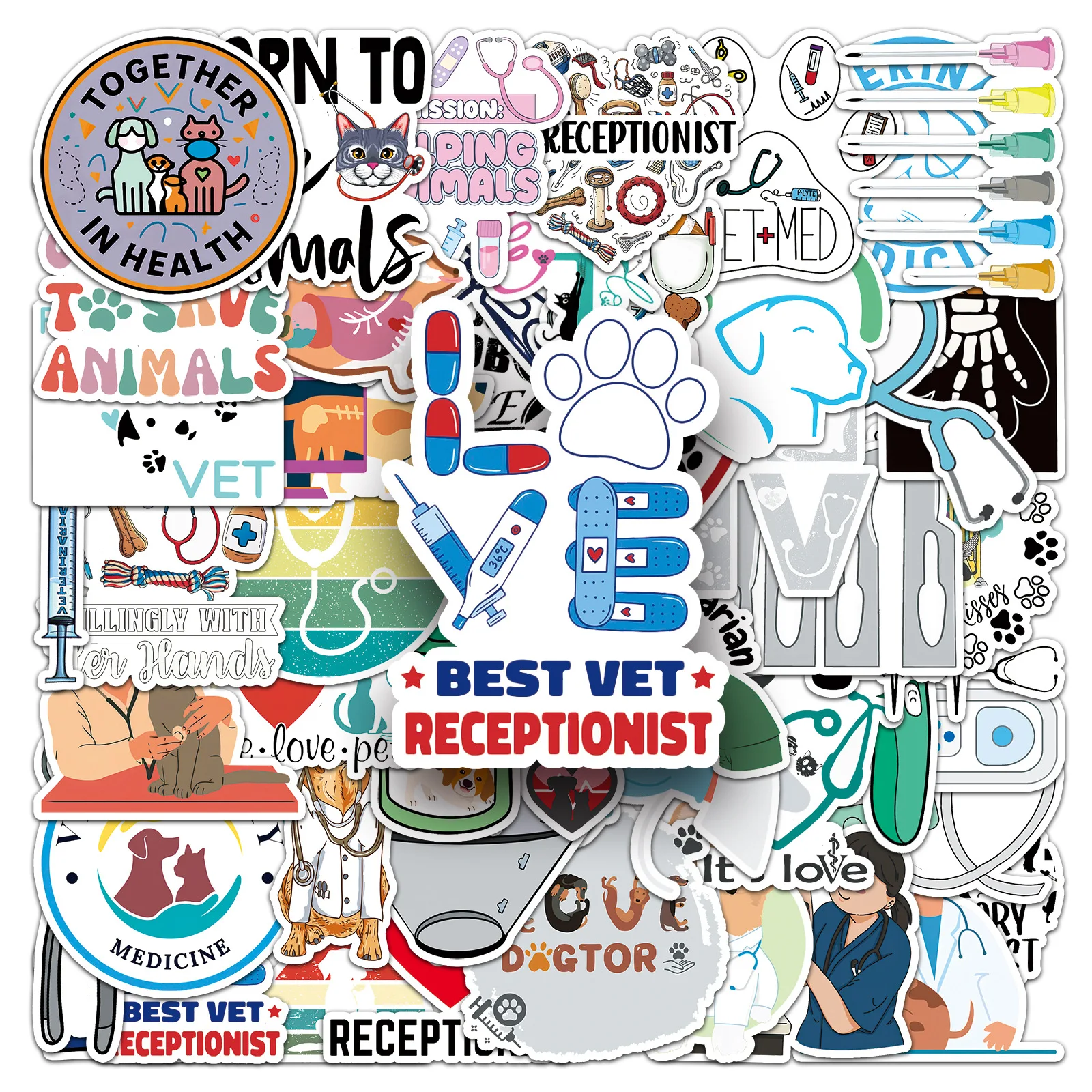 

10/51PCS Veterinary Cartoon Pet Doctor Occupational Stethoscope Shaver Doodle Style Decorative Waterproof Sticker Kids Toy