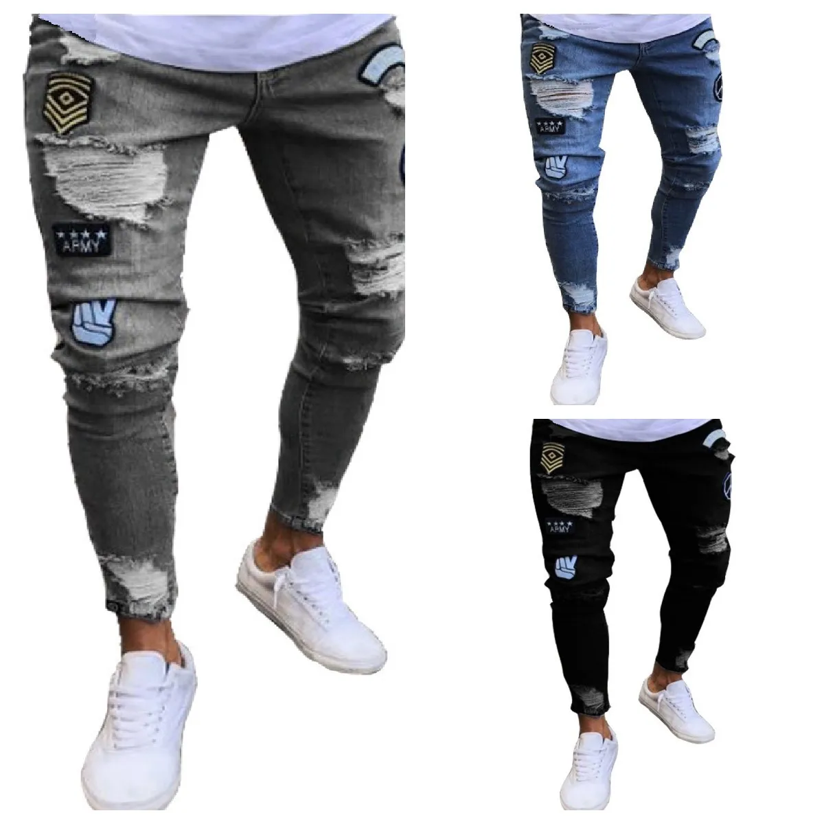 

Cross-Border Embroidered Denim Jeans Knee-Hole Zipper Slim Fit Large Size Casual Long Pants Middle Waist Length Summer Sle