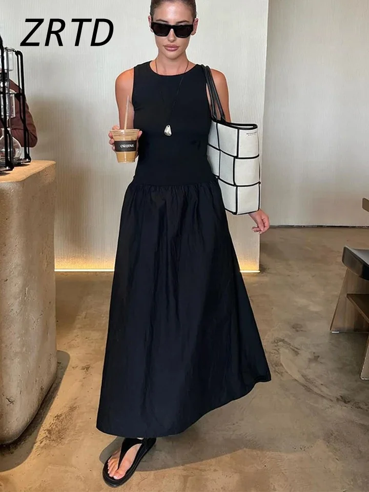 Elegant Patchwork Pleated Long Dress Women Casual Street O-neck Sleeveless Backless Dresses 2024 Autumn Lady Solid Vacation Robe