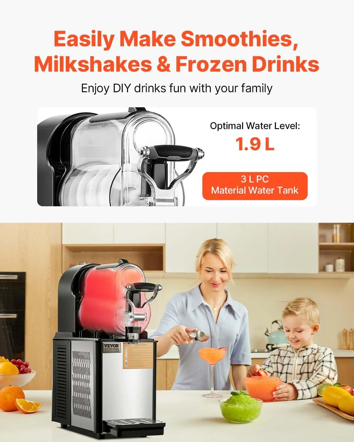 Commercial Slushy Machine, 3L×1 Single Tank Frozen Beverage Maker, 12-Cup Stainless Steel Slushie Machine, Margarita Frozen Drin