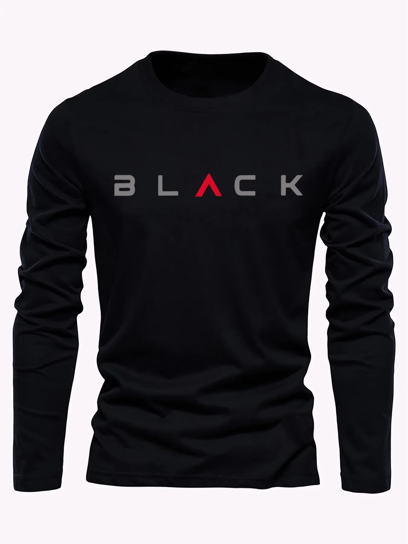Pop 2025 New Men's 100% Cotton Loose Fit Plus Size Comfortable Casual Sports Black Letter Print Round Neck Long Sleeved T-shirt