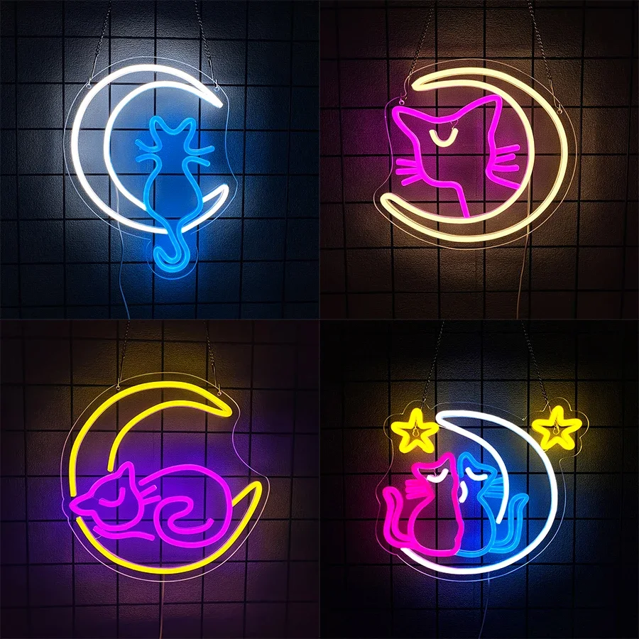 

Декор для офиса, игровой комнаты, кофейни с кошками, подарок на день рождения для мальчиков и девочек, арт-иконка «Луна и кошка», для спальни, светодиодная неоновая вывеска «Милый кот».