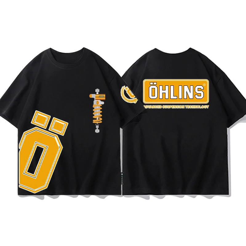 Pop Summer OHLINS Black T-shirt Collection Motorcycle Shock Absorber Print Short Sleeve T-shirt Racing Fan Clothes