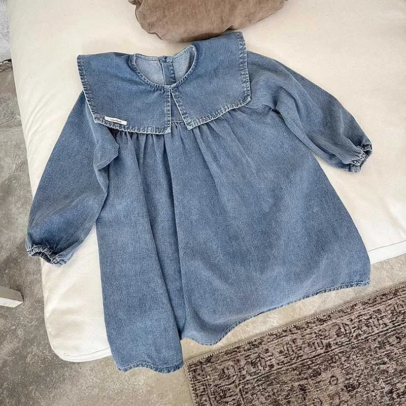 Girls\' Denim Dress with Large Collar Washed Denim Long Sleeved Dress A-line Skirt 2024 Spring and Autumn New Children Outfit