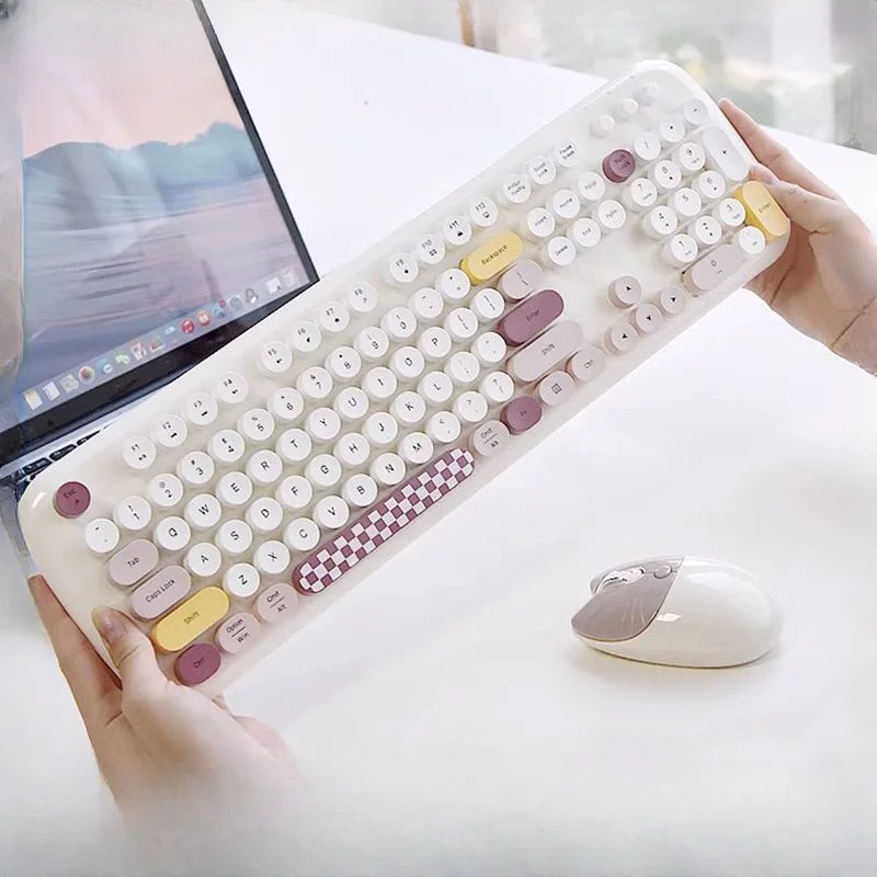 

Cute Cartoon Keyboard Wireless Cat Shape Mouse Set Girls Desktop Office Typing Home Computer 104 Keys Keyboards Simple Claviers