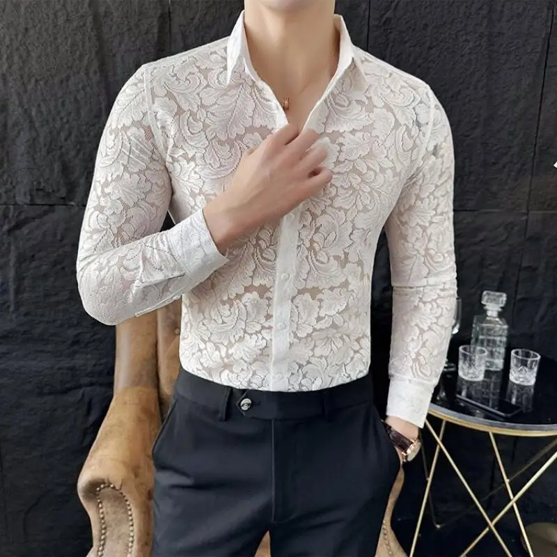 Sexy Semi Transparent Men\'s Through Flower Lace Sheer Shirt 2024 Summer New Long Sleeve Slim Fit Party Prom Social Shirts