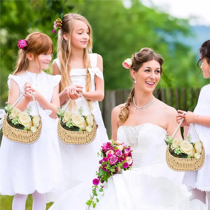 Keranjang Gadis Pengiring Pengantin BAAG-Rattan Dengan Pegangan Mutiara - 2 Buah Keranjang Rotan Setengah Lingkaran Kecil Untuk Penggunaan Pernikahan Piknik Taman