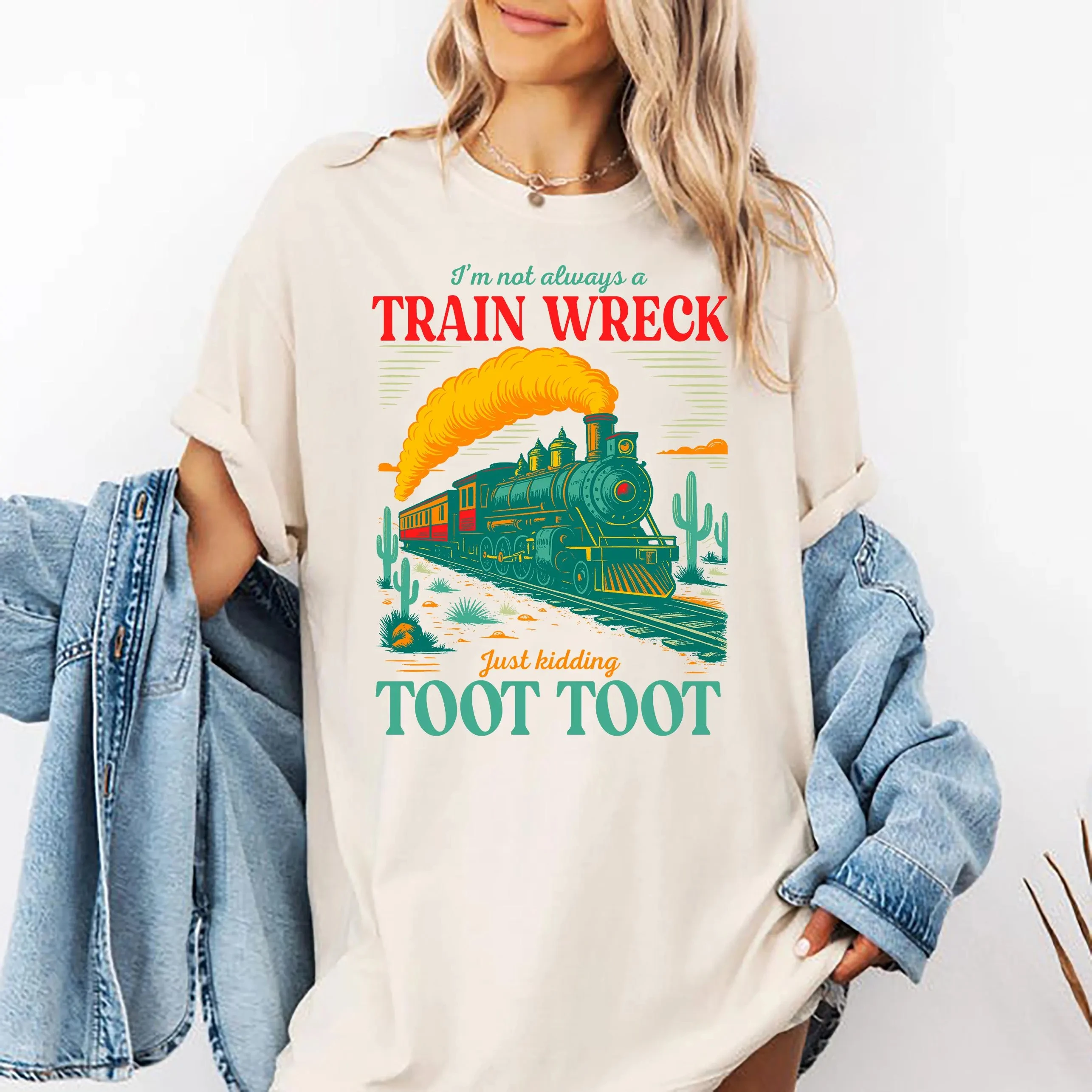 Summer Women's Retro Funny Train T-Shirt Cotton and Breathable Short Sleeve Streetwear Oversized Loose Casual