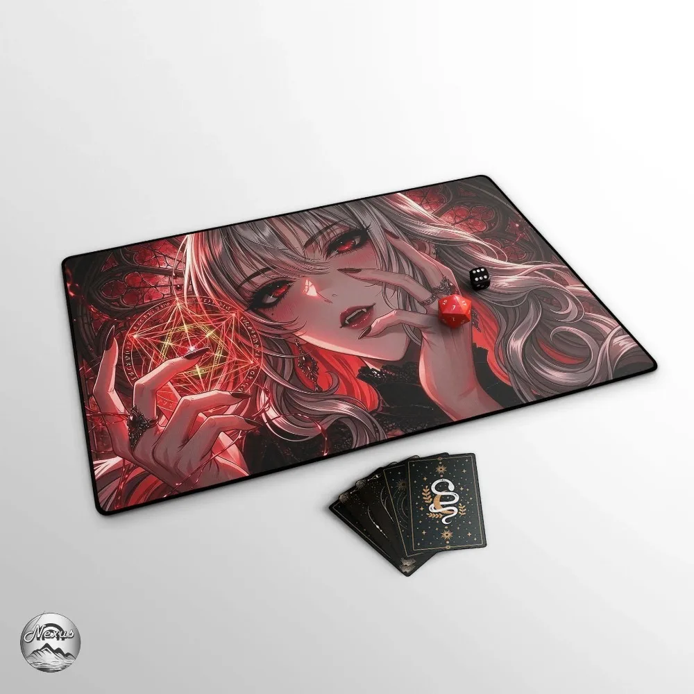 Vampire EDH Playmat Anime Vampire TCG Game Mat Demon Waifu Mat With Premium Stitched Edges, Dark Fantasy, Large Extended Playmat