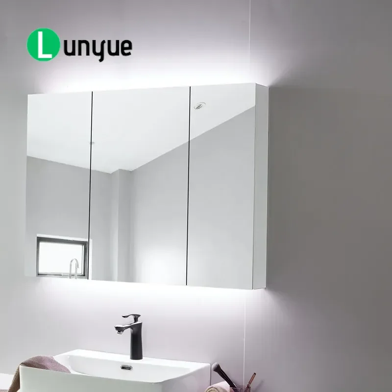 Wall Mounted Aluminum Mirror Cabinet with LED Light 3 Door Bathroom Storage Box White Space Saving Waterproof Vanity