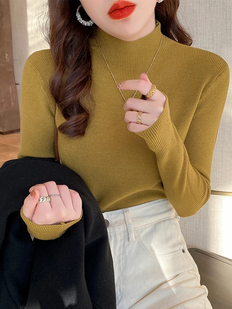 2024 Autumn Women Pullover Sweater Fashion Half Turtleneck Knitted Female Jumper Long Sleeve Winter Black Soft Elastic Blouse