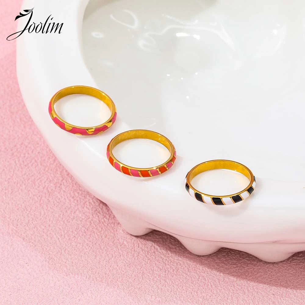 Joolim Jewelry Wholesale High End PVD Fashion Sweety Art Arc Drops Glue Multi-colored Band Stainless Steel Ring For Women