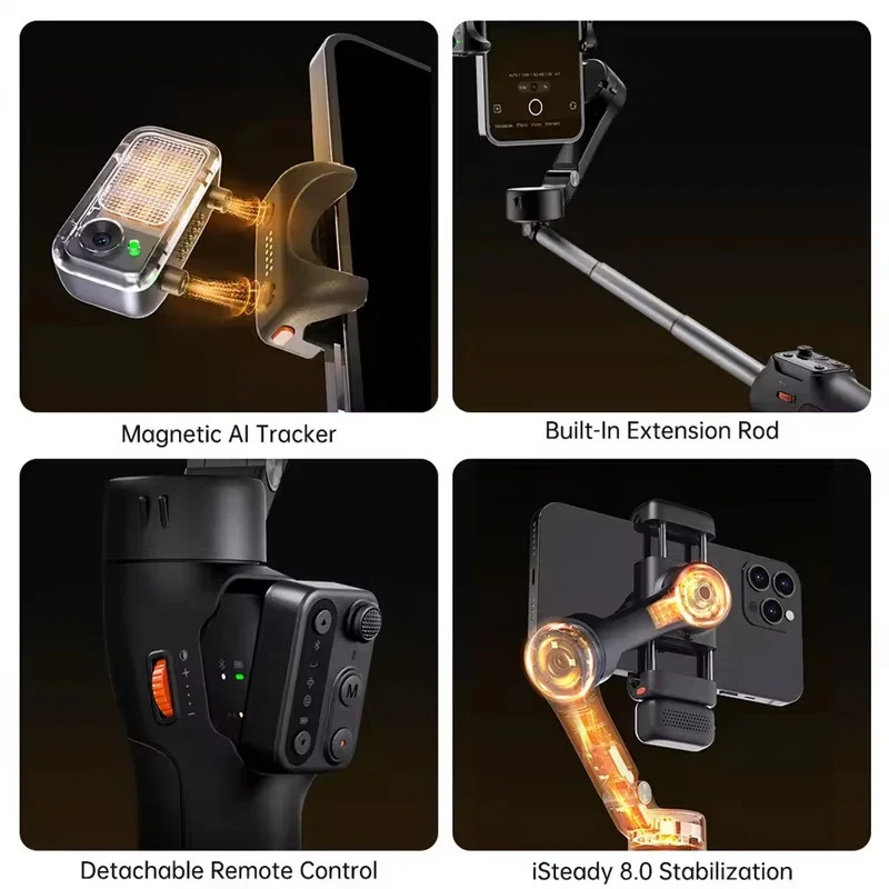 Hohem iSteady V3 الهاتف الذكي استقرار Ai تتبع الوجه 3-Axis الهاتف Gimbal استقرار المدمج في Selfie عصا آيفون 16/سامسونج