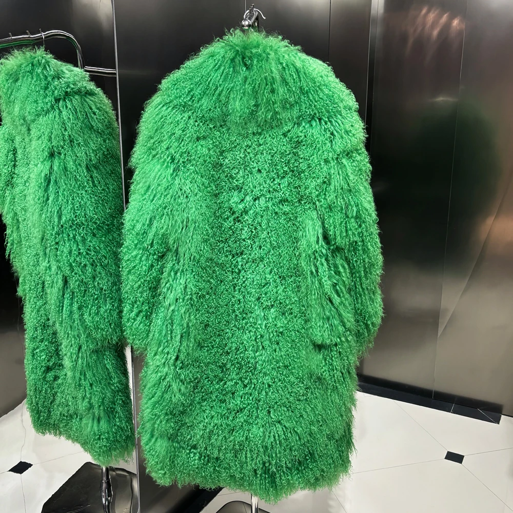 Green Long Real Mongolia Sheep Fur Jacket Coat With Natural Fur Collar Women 2024 Winter Outerwear