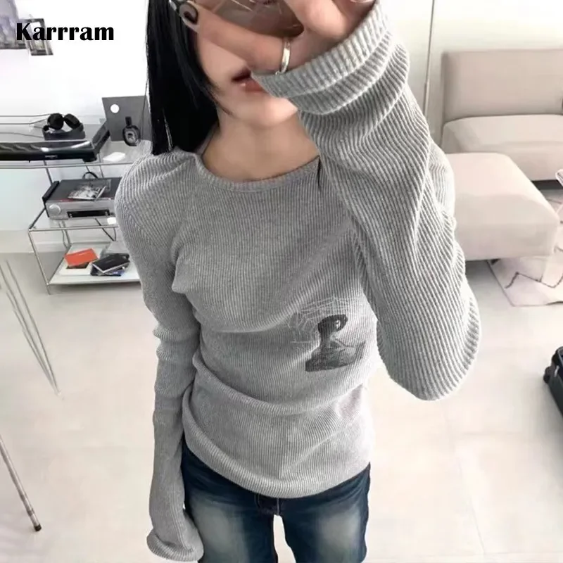 Karrram grunge ribbed T-shirt Korean fashion chic print long sleeve tee shirt Kpop fairycore knitted tshirt Harajuku streetwear