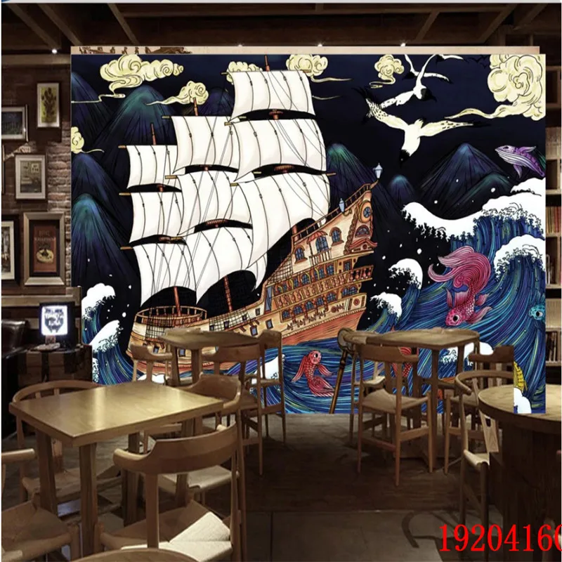 Nostalgic Ukiyo-e Sailing Seafood Catering Wall Paper 3D Japanese Cuisine Sushi Restaurant Industrial Decor Mural Wallpaper 3D