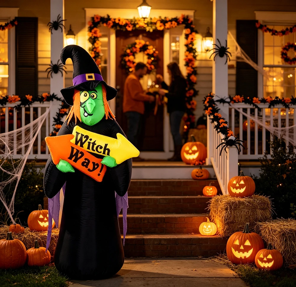 2.4m Halloween Large Inflatable Witch with Built-in LED Lights Courtyard Lawn Garden Outdoor Holiday Party Decoration Ornaments