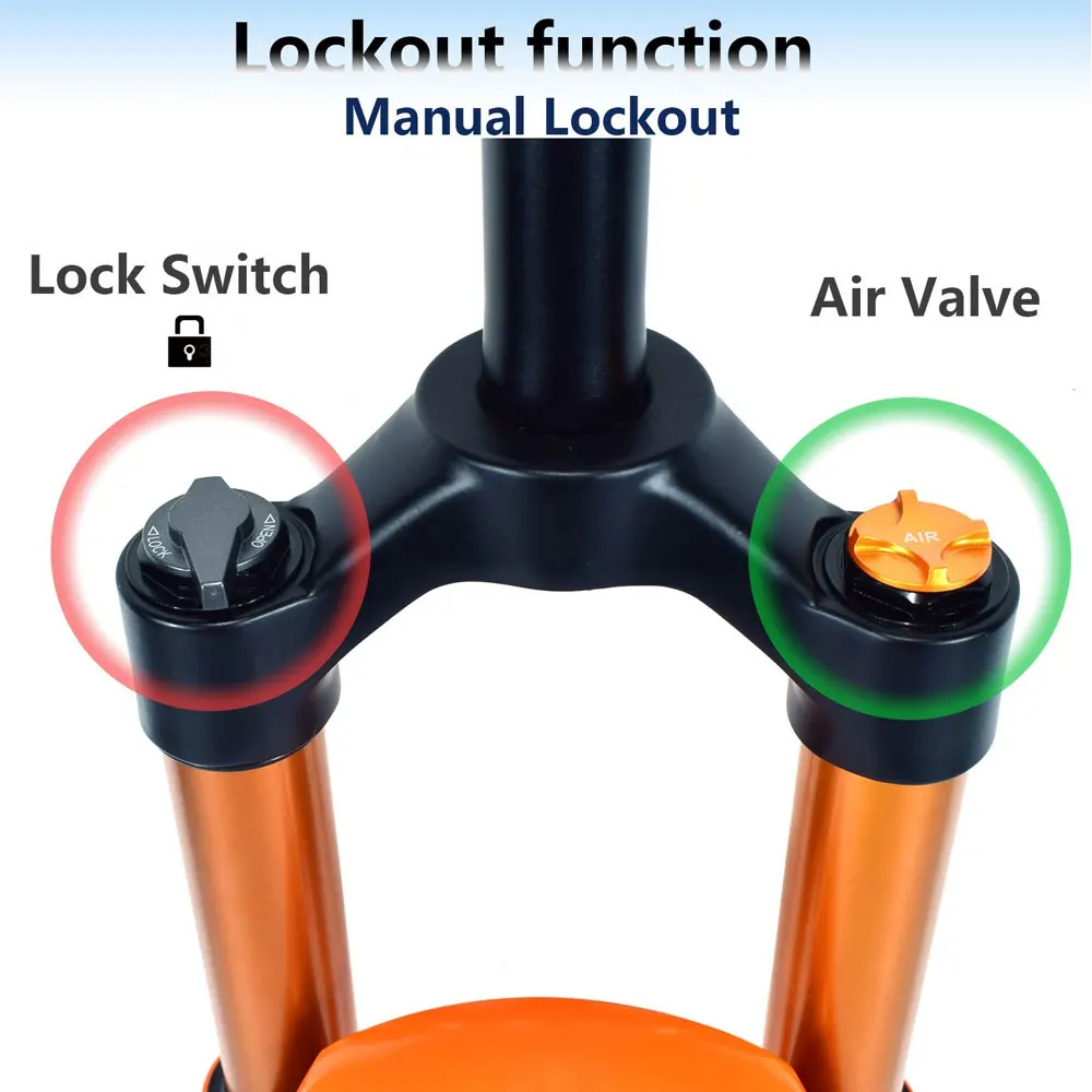 Rebound Adjust Mountain Bike Fork, Air Shocks, Orange for XC, FR, AM, MTB, Travel 130mm, 27.5 in, 29in, 15mm × 100mm Axle