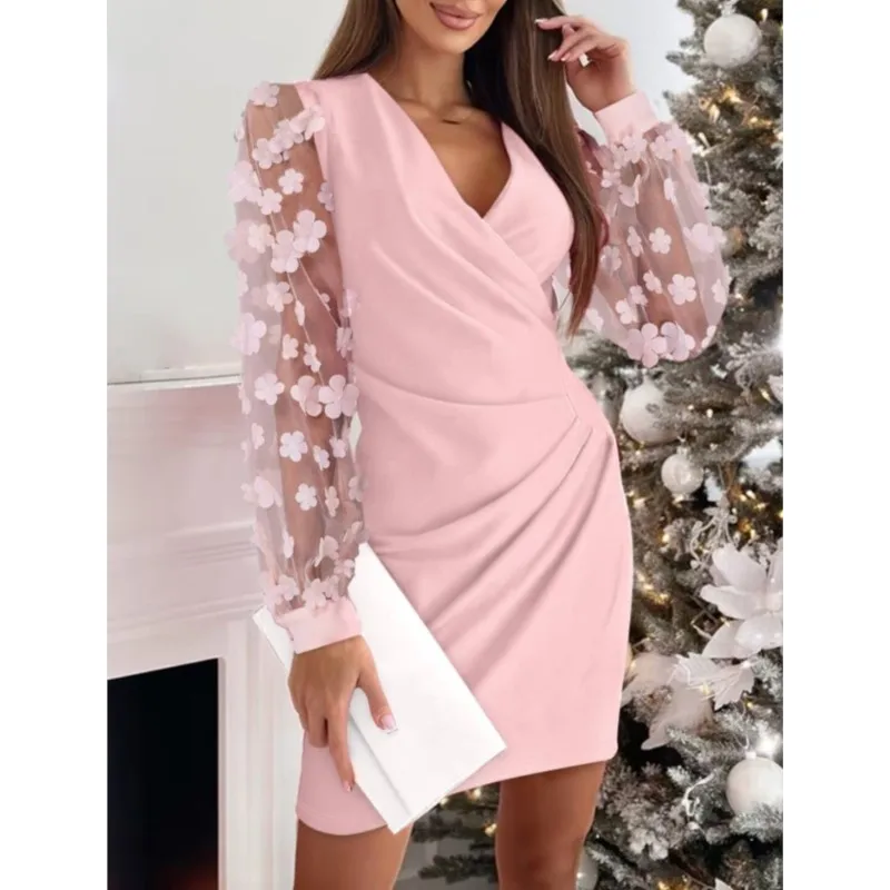 Elegant Dresses For Women Autumn Winter 2025 New Black V-neck Lace Wrapped Hip Waist Dresses Fashion Female Party Mini Vestidos