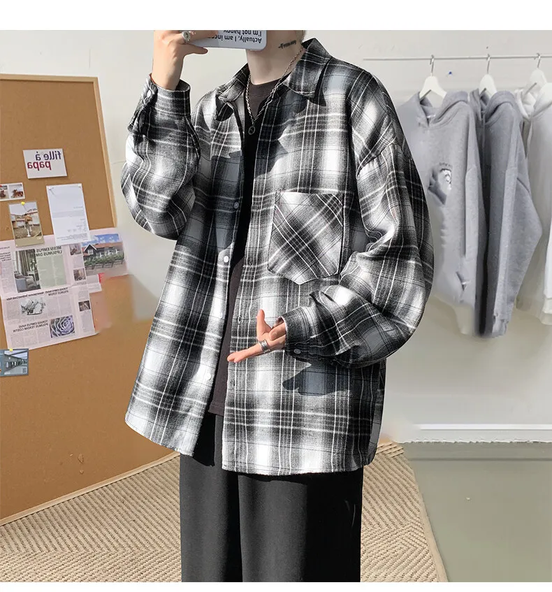 Harajuku Long Sleeve Plaid Shirts Men Big Size M-5XL Autumn Chic Loose Vintage High Street All-match Gentleman Camisa