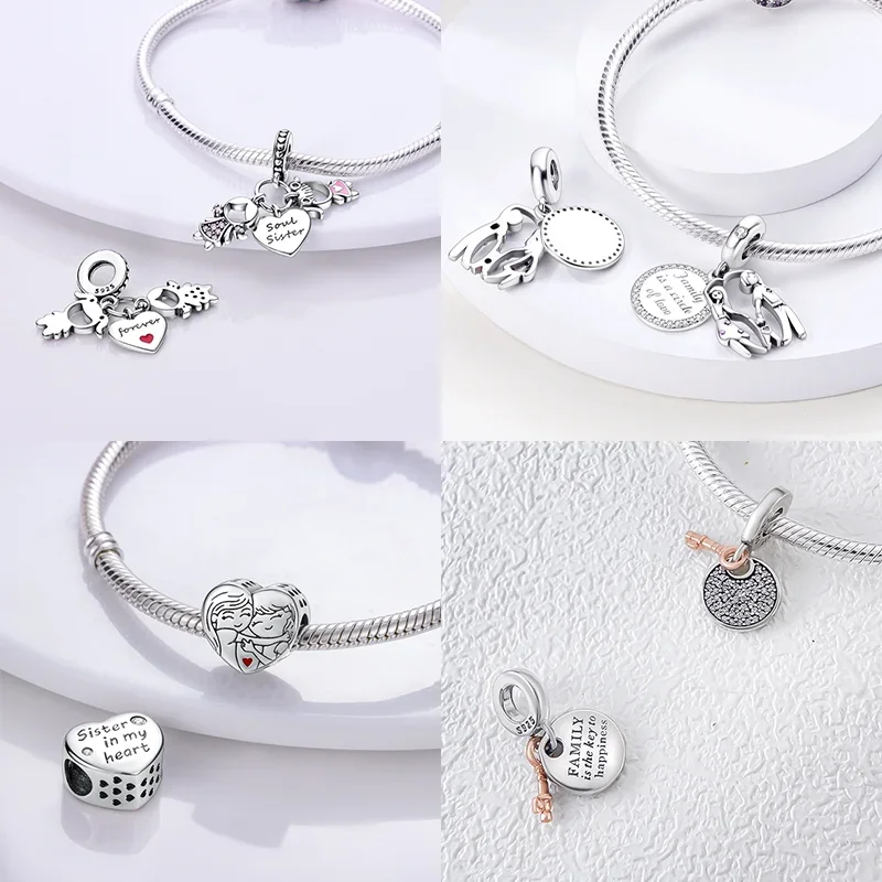 S925 Silver Forever Love Mother Family Sister Heart Charms Beads Fit Original Bracelet Charm Diy Family Gift for Women