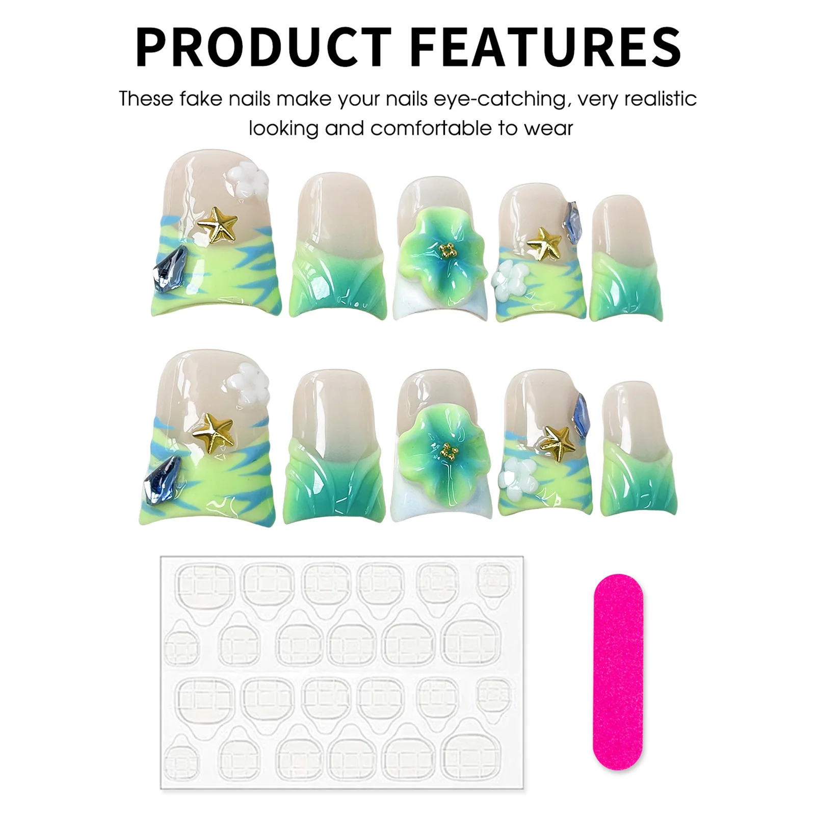 Handmade Duckbill กดบนเล็บ Art Simple สีเขียวภาษาฝรั่งเศสคําสั้นเล็บปลอมสวมใส่ 3D แกะสลักดอกไม้เล็บปลอมเคล็ดลับ