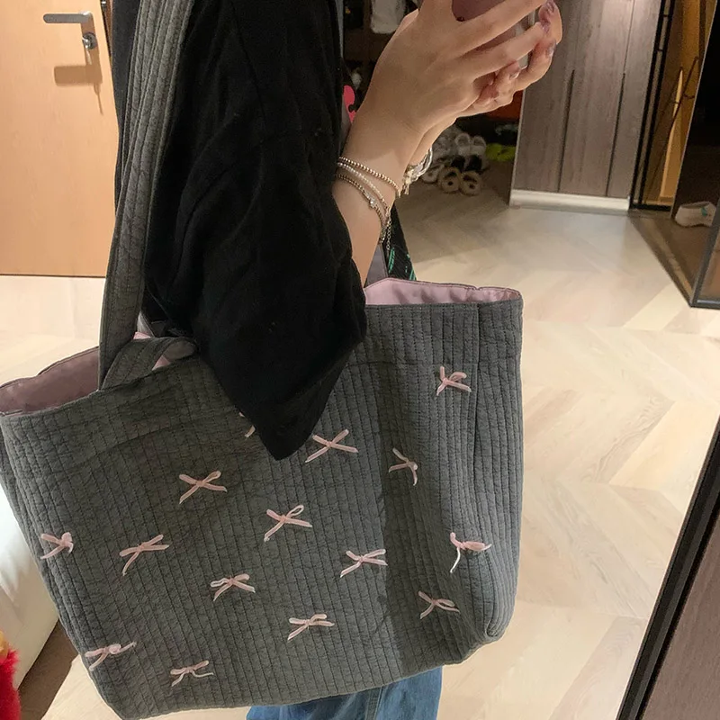 

2025 New Women's Bag Gray Handbag Fashion Bow Chic Canvas Shoulder Bag Women's Casual Simple Large Capacity Crossbody Bag Handba