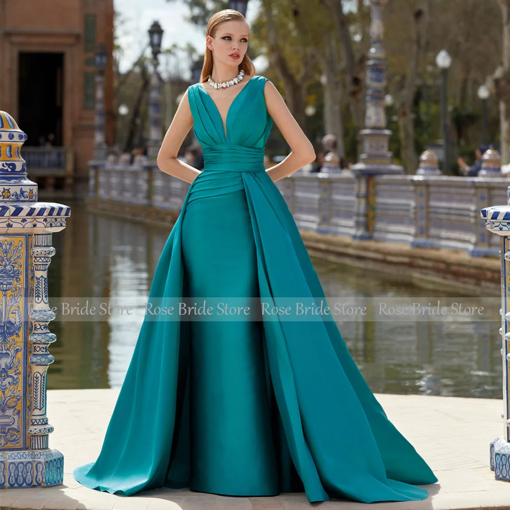 Turquois Satin Evening Dresses Long V Neck Luxury Evening Gowns for Women 2024 A Line Sleeveless Elegant Wedding Party Dresses