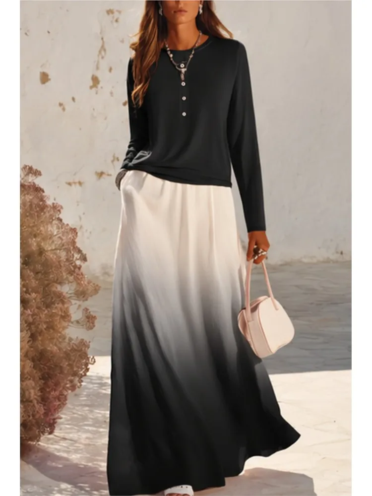 Solid Color O-neck Long Sleeved T-shirt Top Women's Long Skirt Set 2026 Autumn Item Gradient Printed Skirt Casual Two-piece Set