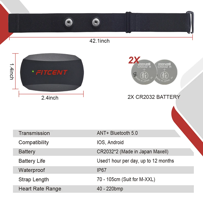 Bluetooth Heart Rate Monitor, Chest Strap, ANT + Health Sensor for iPhone or Android Tracks, HR Zones and Calories Burned