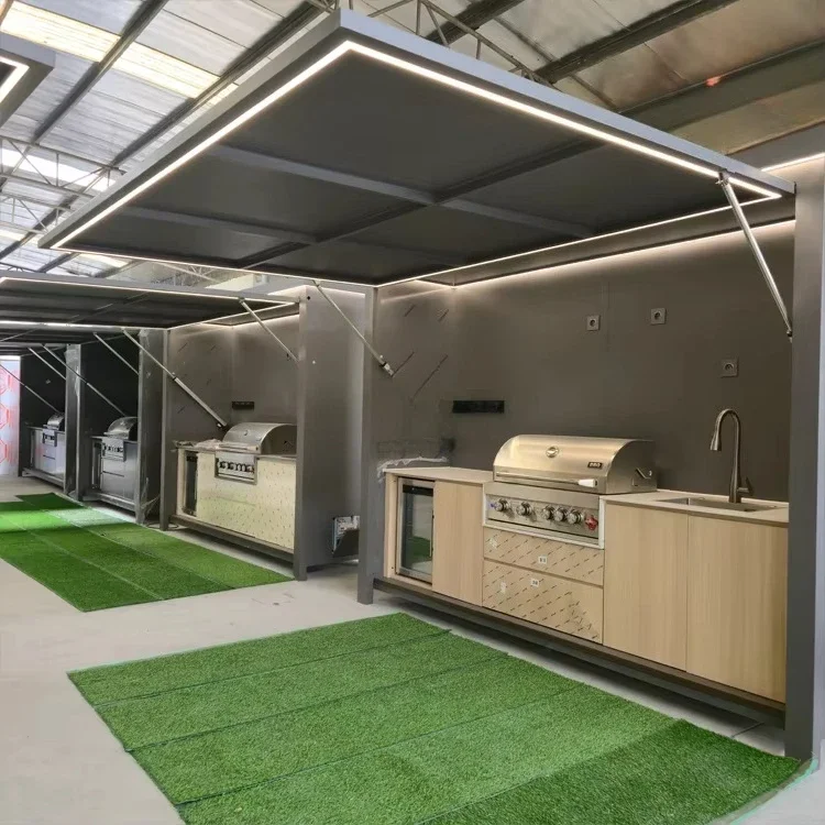 Luxury Patio Outdoor Kitchen Cabinet With Motorized Lift Up Roof And Built In Grill Sink Refrigerator Storage
