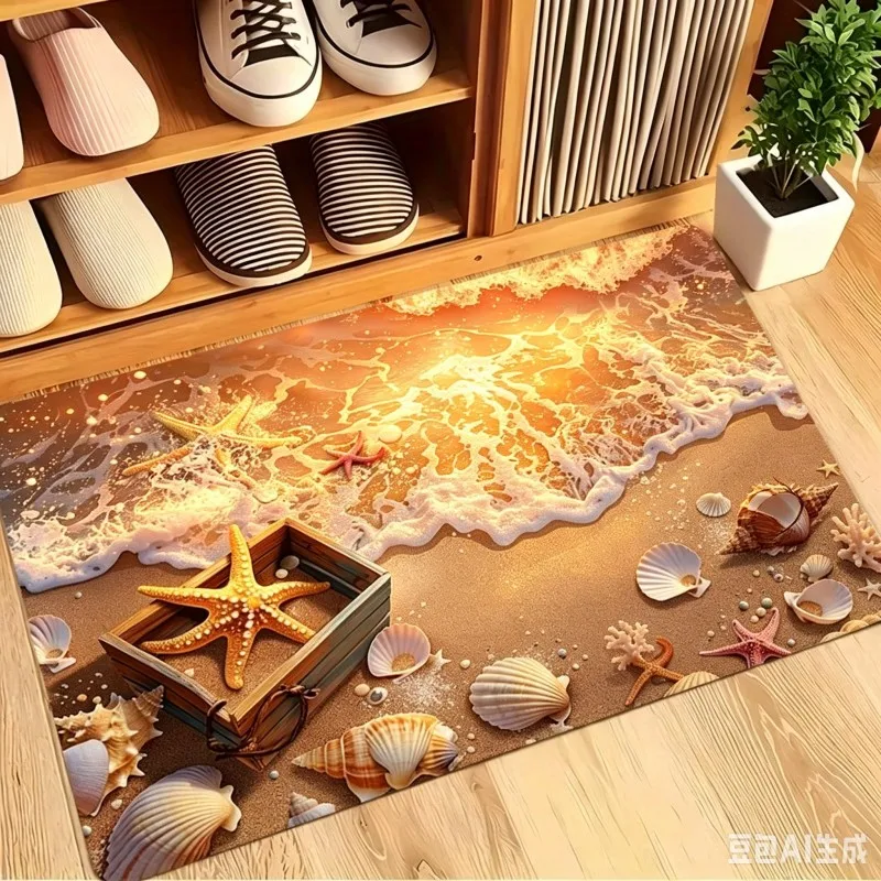 Coastal Beach Ocean Wave Doormat Seashell Starfish Front Door Mat Realistic Nautical Entryway Rug Summer Home Floor Carpet