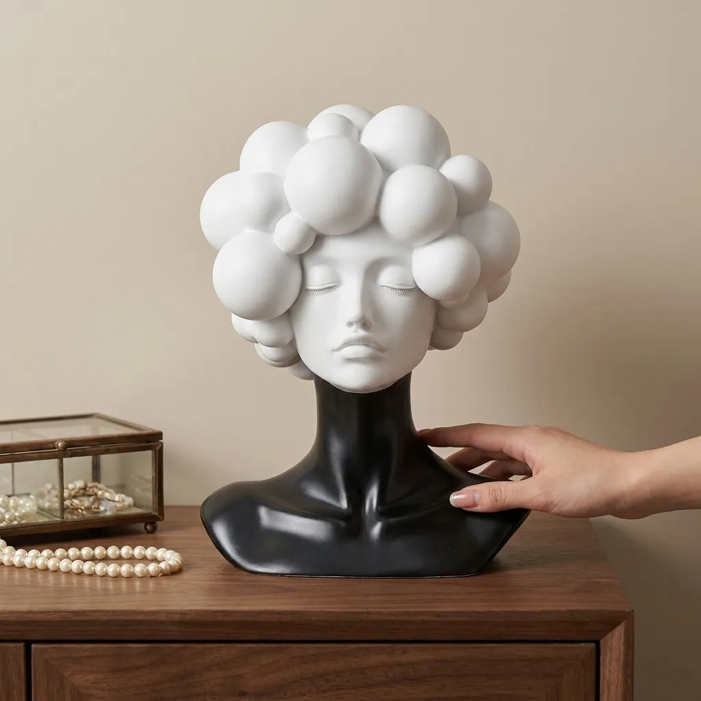 Black/White Color Block Resin Figurine Modern Abstract Cloud Girl Half-Body Statue Crafts Decorative Indoor Aesthetic Decoration