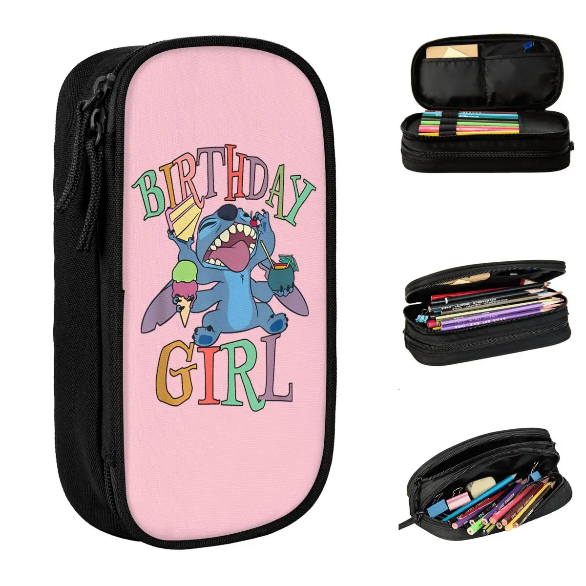 Lilo & Stitch Birthday Girl Retro Pencil Cases Snacking Stitch Pen Holder Bags Student Big Capacity School Cosmetic Pencilcases