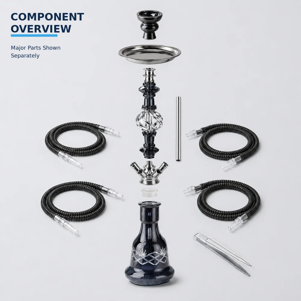 Four Hose Hookah Set With Glass Base Complete Shisha Kit With Metal Stem Bowl Tray Hoses Disposable Mouth Tips Tongs And Foil For Adult Home Lounge And Social Gatherings
