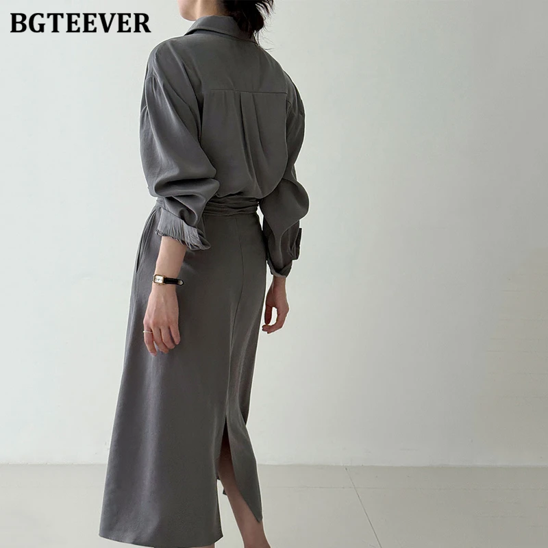 BGTEEVER automne élégant revers à manches longues femme chemise robe élégante taille mince simple boutonnage robe trapèze pour les femmes