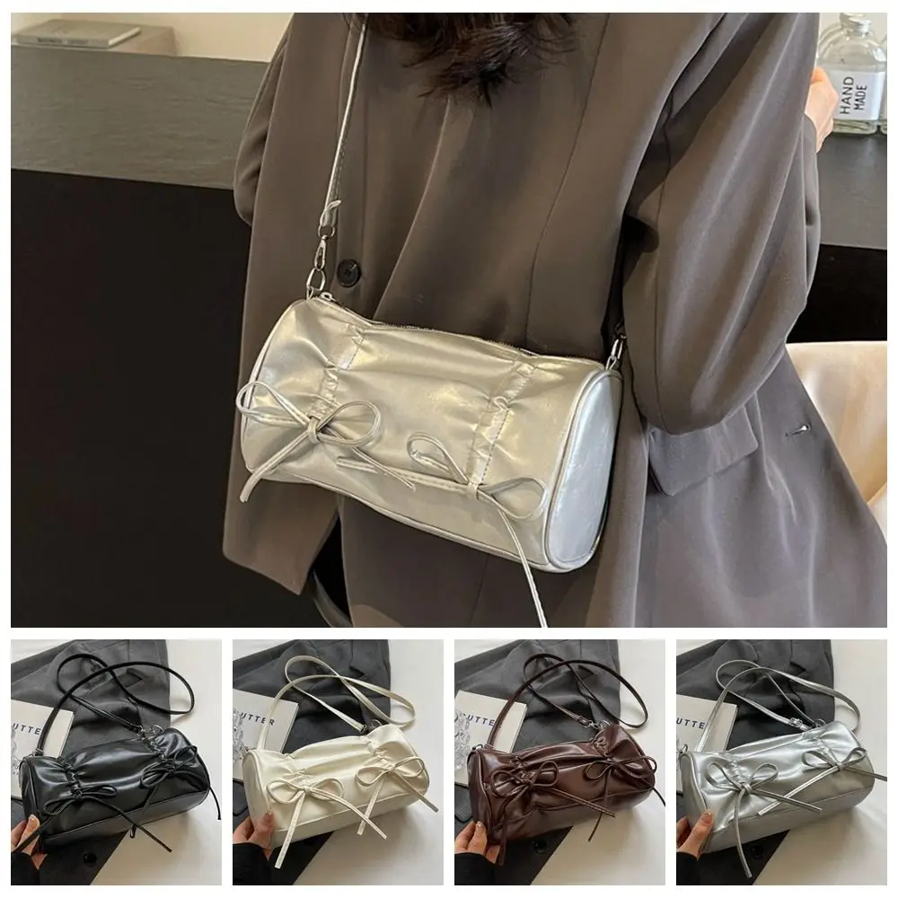 

Leisure Pleated Bow Handbag Korean Style Y2K Bow Tie Shoulder Bag Cylinder Bag Balletcore PU Leather Underarm Bag Streetwear