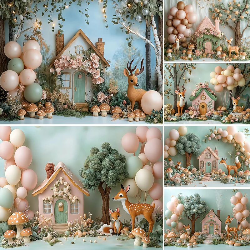 

Photography Background Spring Forest Wildlife Treehouse Balloon Decor Baby Shower Birthday kids Portrait Photo Backdrop Studio