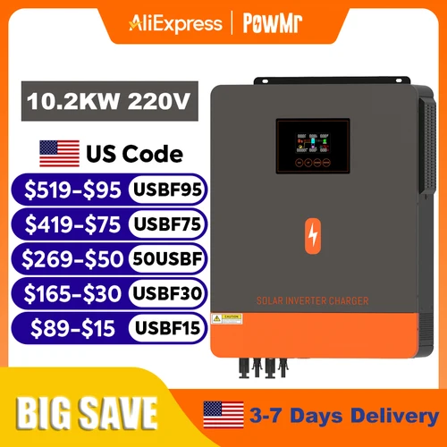 PowMr 10.2KW 하이브리드 태양광 인버터 48V 230V 그리드 오프 그리드 순수 사인파 인버터 듀얼 출력 MPPT 160A 태양광 배터리 충전기
